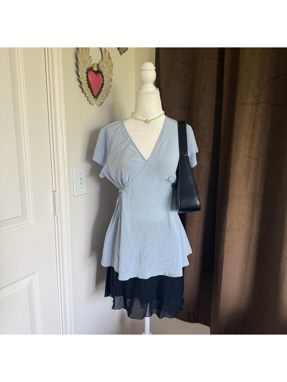 Blue 100% Silk V-Neck Women's Tie Detail Mimi Maternity Blouse Women's Sz Large